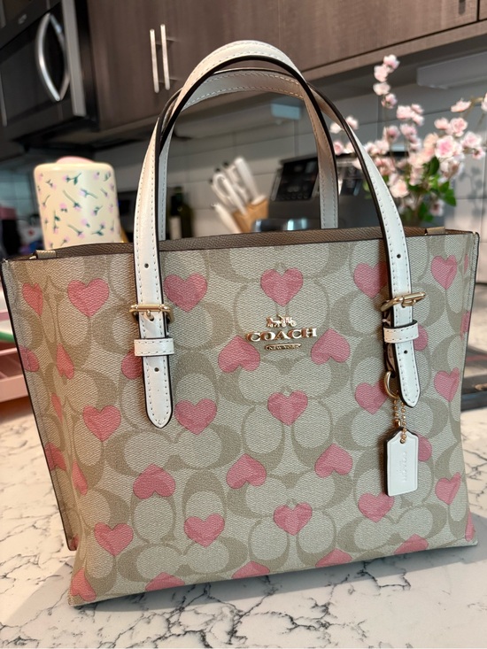 Coach Handbags - Coach Mollie Tote 25 in Signature Canvas with Pink Heart Print and White Straps
